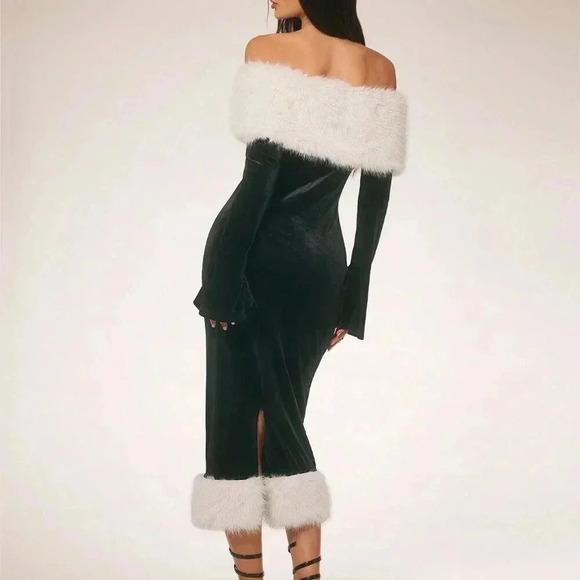 Black Elegant Women's Furry Patchwork Long Sleeve Off-Shoulder Casual Midi Dress - Picture 2 of 6